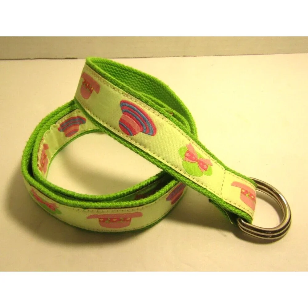 Ribbon Belt Vintage 80s Preppy Pink Green Hats Fabric Canvas D Ring Womens